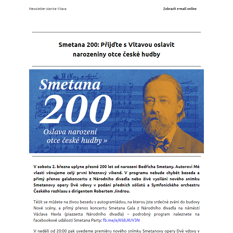 Smetana 200. Přijďte s Vltavou oslavit narozeniny otce české hudby už v sobotu 2. března