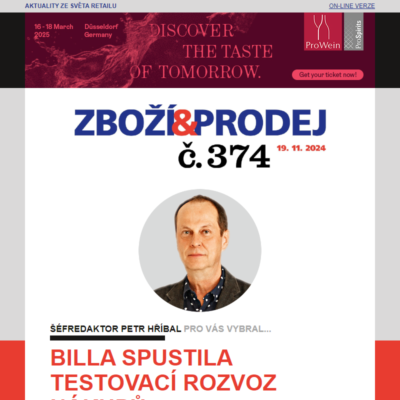 Zboží&Prodej č. 374: Billa spustila testovací rozvoz nákupů prostřednictvím Woltu... a další zprávy