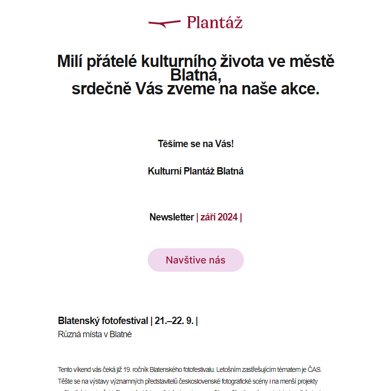 Newsletter Kulturní Plantáž Blatná | 2024