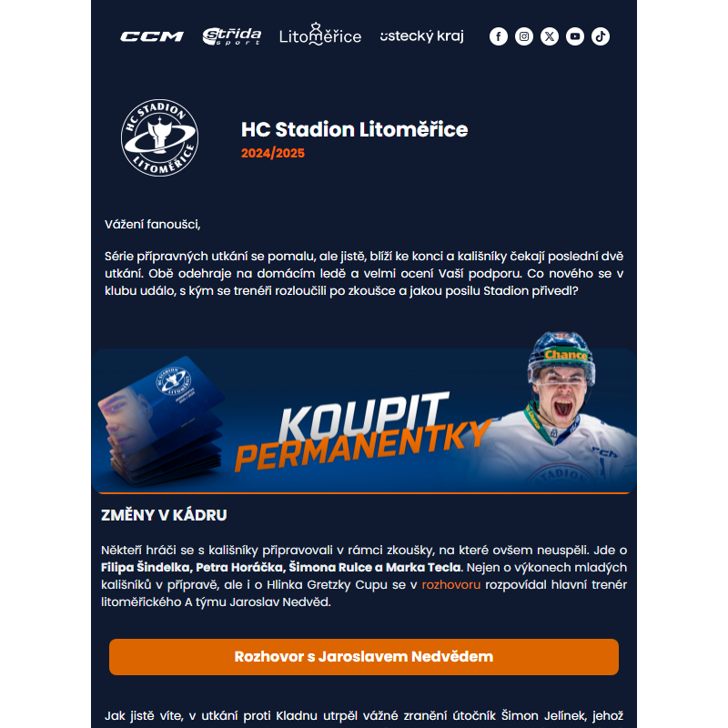 Nová posila a další změny v kádru! Newsletter HC Stadion Litoměřice