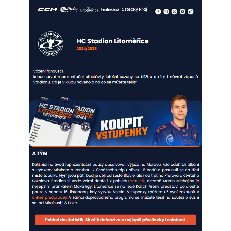 Newsletter HC Stadion Litoměřice: Po pauze doma Vsetín. Novinky a na co se můžete těšit?