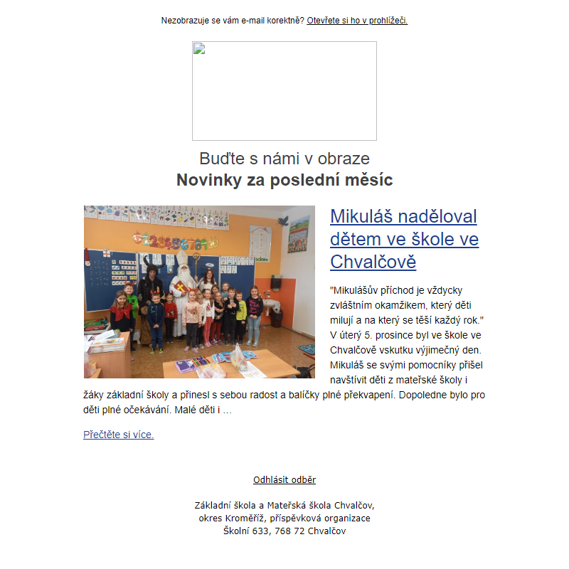 Novinka: Mikuláš naděloval dětem ve škole ve Chvalčově