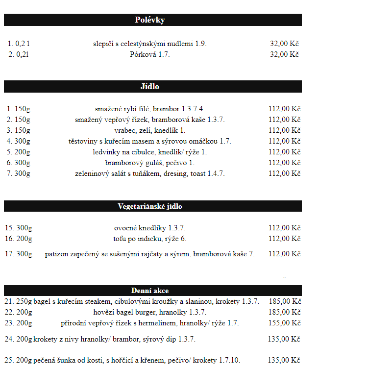 Jídelní lístek - Restaurace pod Bránou