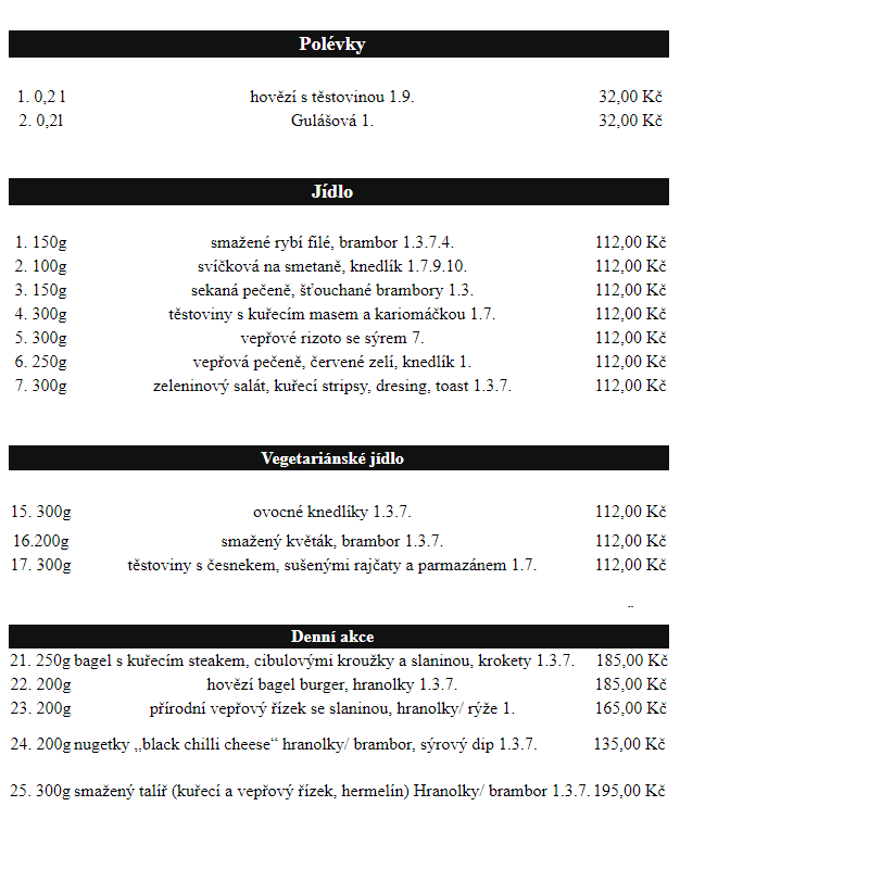 Jídelní lístek - Restaurace pod Bránou
