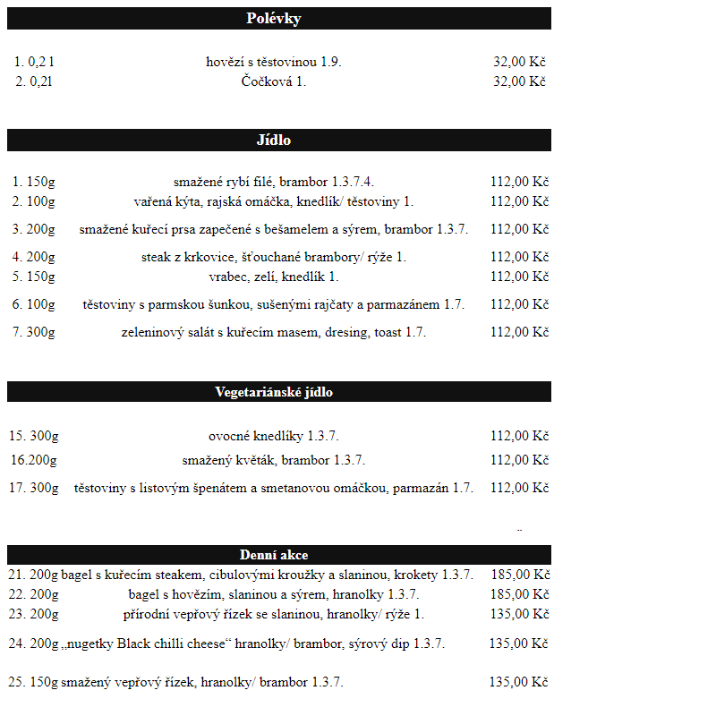 Jídelní lístek - Restaurace pod Bránou