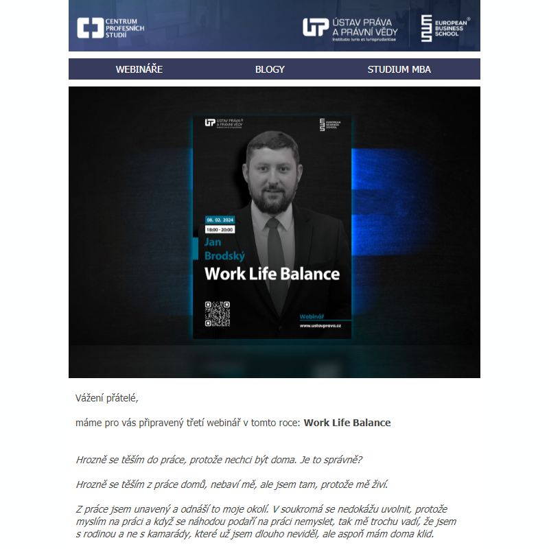 WEBINÁŘ: Work Life Balance - webinář s Janem Brodským!