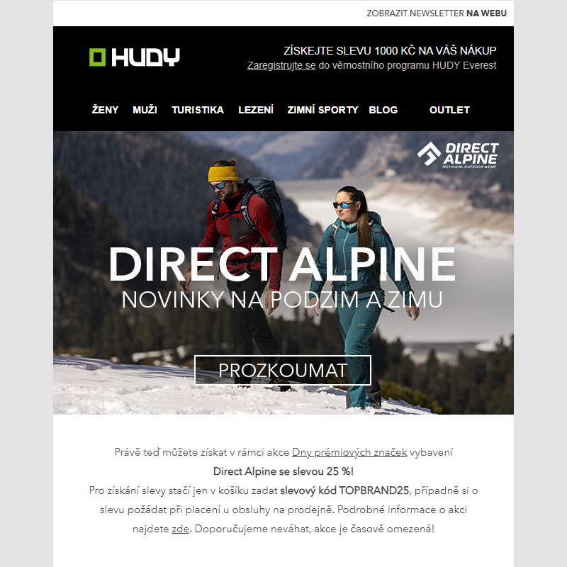 Novinky Direct Alpine! Vybavte se a získejte slevu 25 %.