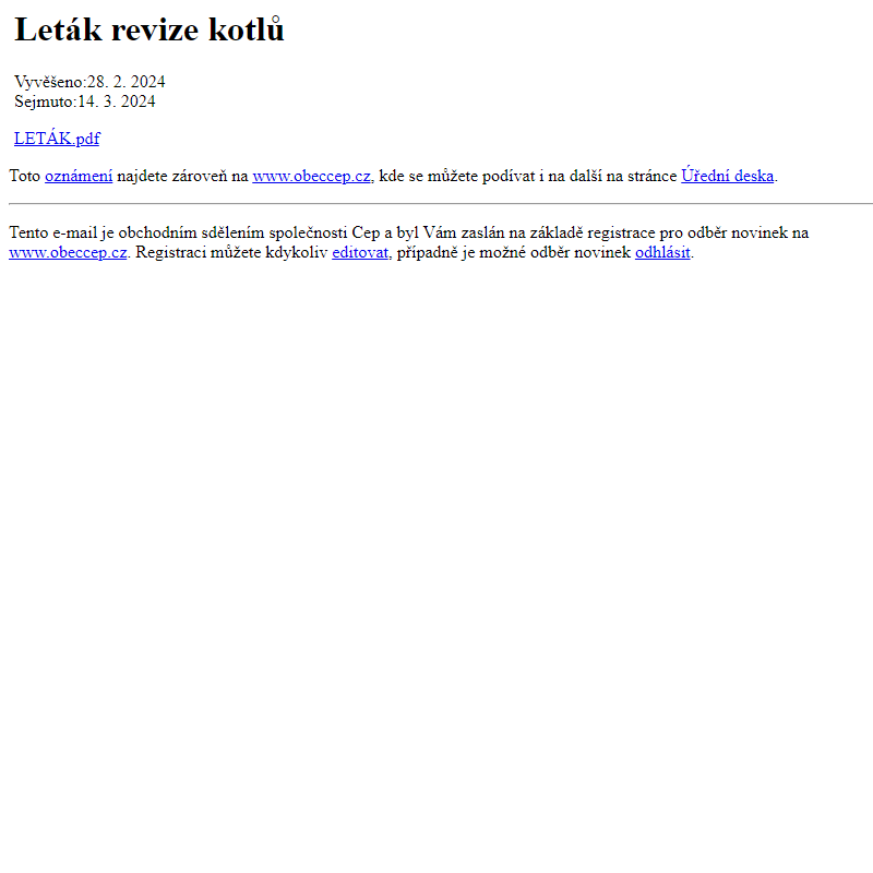 Na úřední desku www.obeccep.cz bylo přidáno oznámení Leták revize kotlů