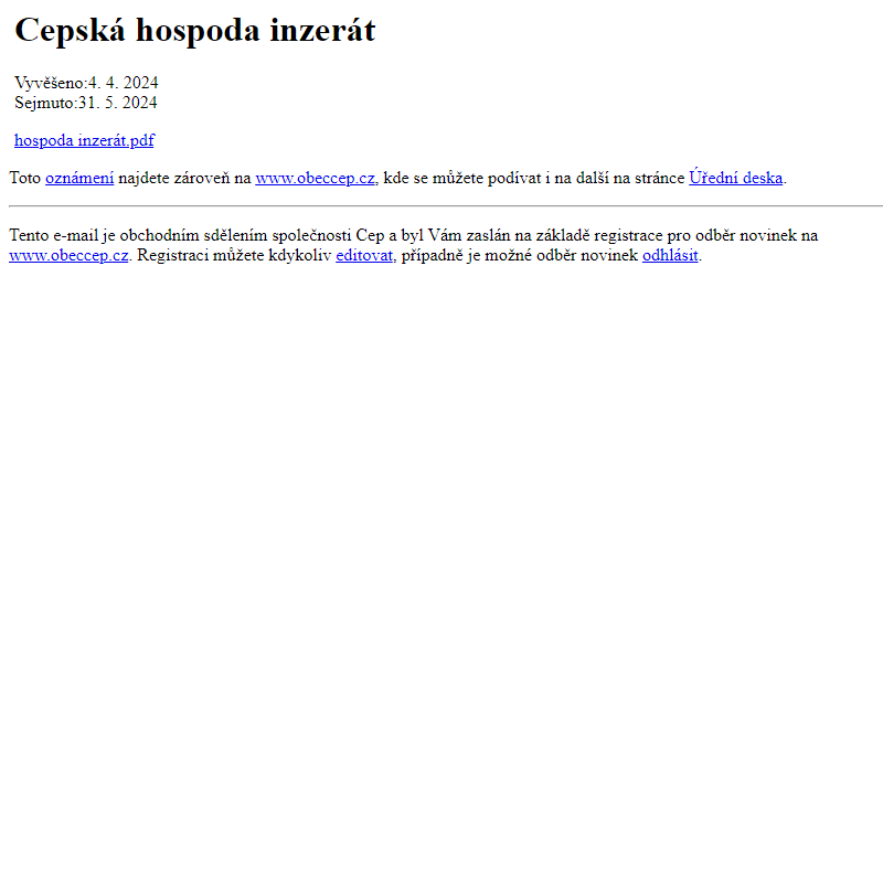 Na úřední desku www.obeccep.cz bylo přidáno oznámení Cepská hospoda inzerát