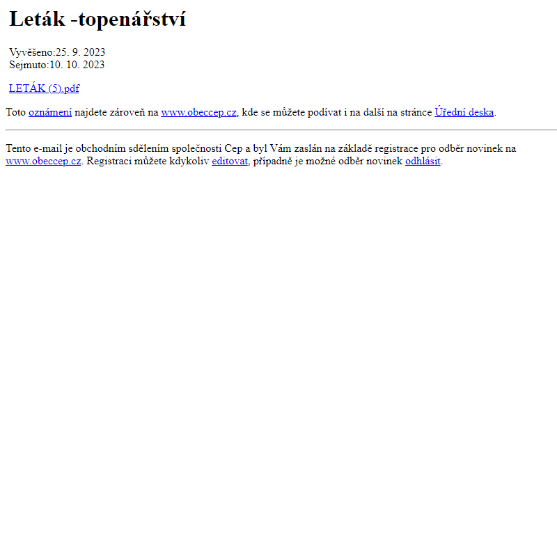 Na úřední desku www.obeccep.cz bylo přidáno oznámení Leták -topenářství