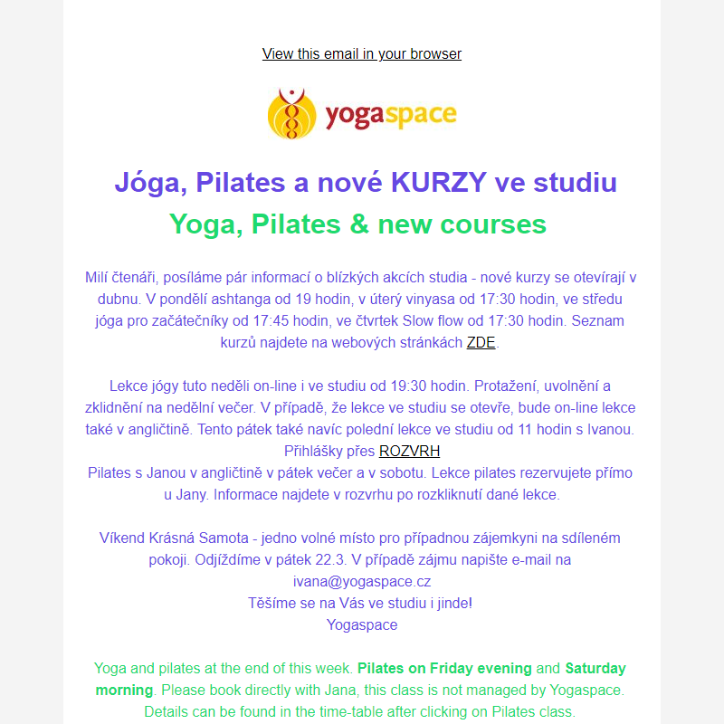 Jóga, Pilates, Nové kurzy