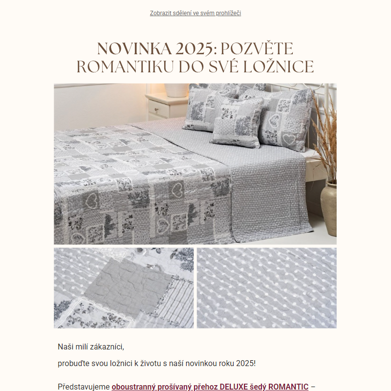 _ Prošívaný přehoz DELUXE šedý ROMANTIC – nový klenot pro váš domov