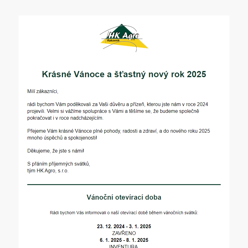 PF 2025 a vánoční otevírací doba v HK Agro