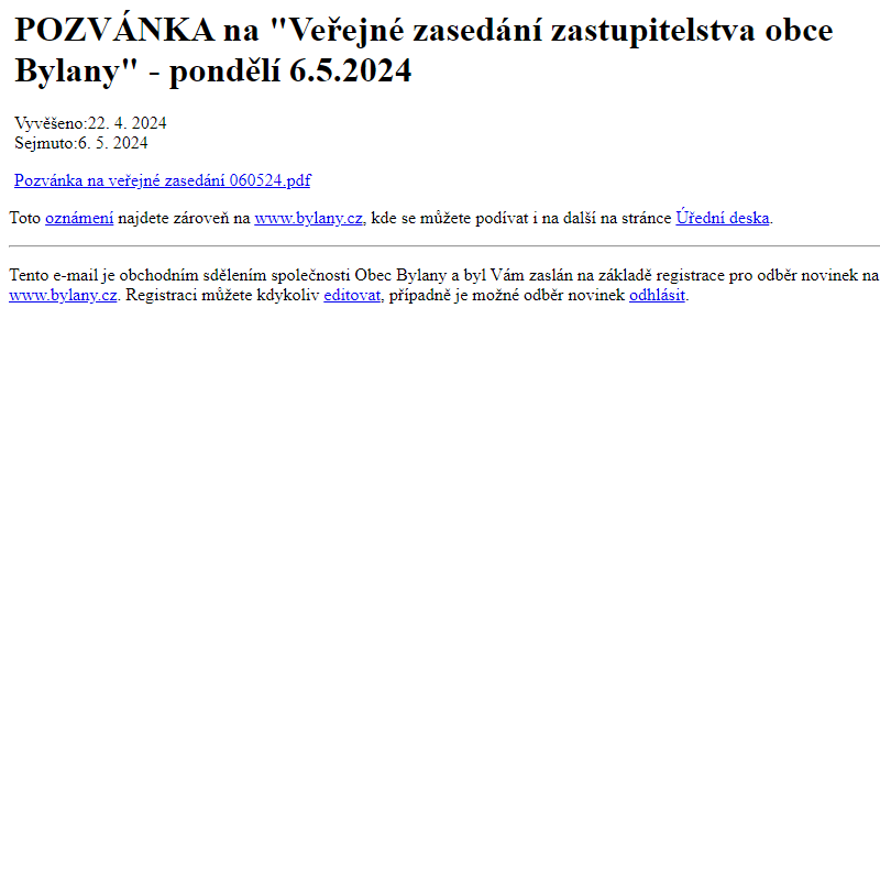 Na úřední desku www.bylany.cz bylo přidáno oznámení POZVÁNKA na 