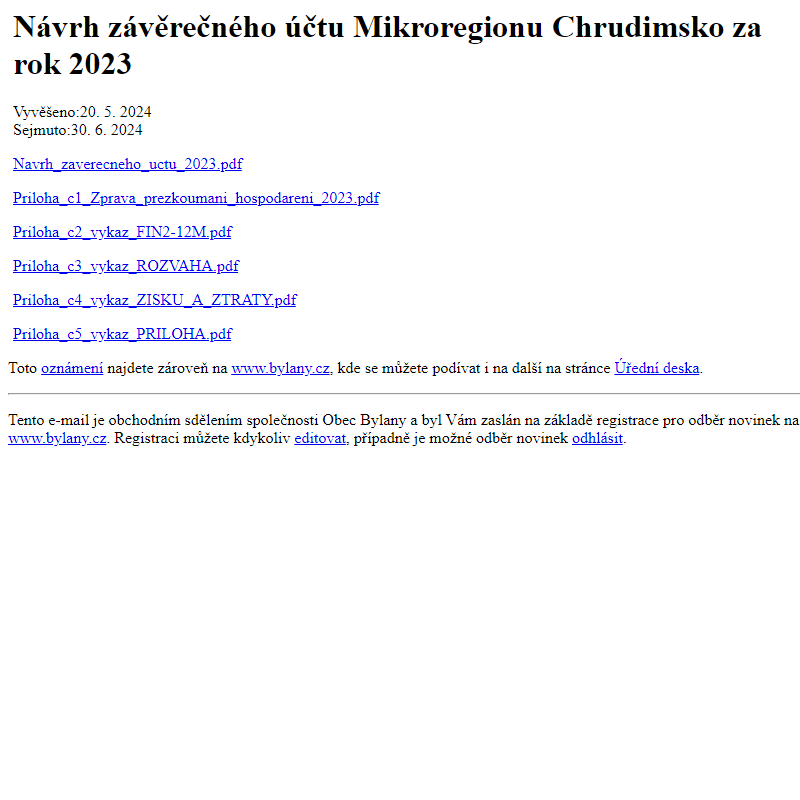 Na úřední desku www.bylany.cz bylo přidáno oznámení Návrh závěrečného účtu Mikroregionu Chrudimsko za rok 2023