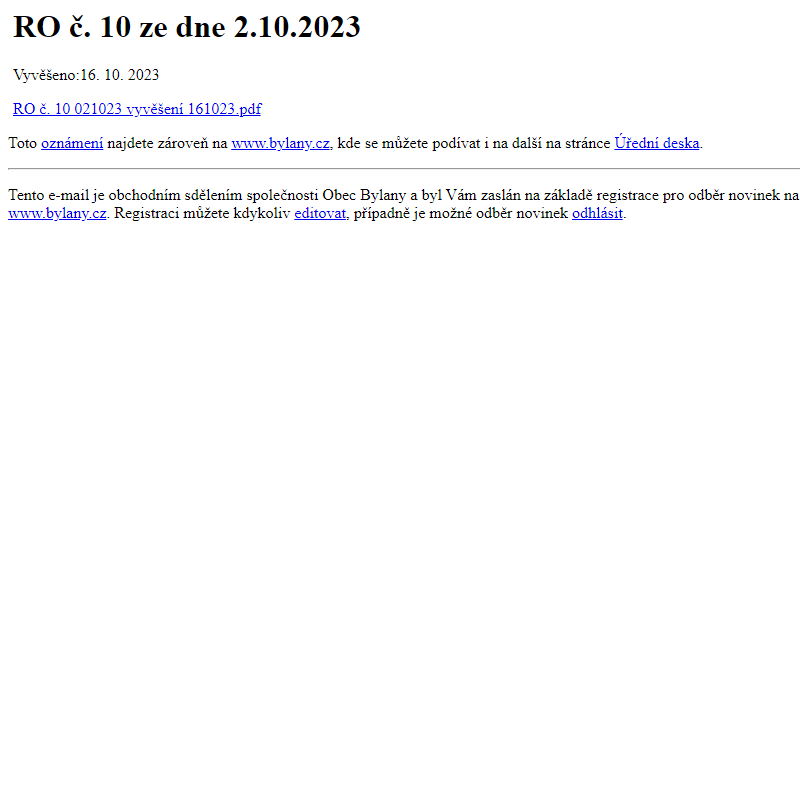 Na úřední desku www.bylany.cz bylo přidáno oznámení RO č. 10 ze dne 2.10.2023