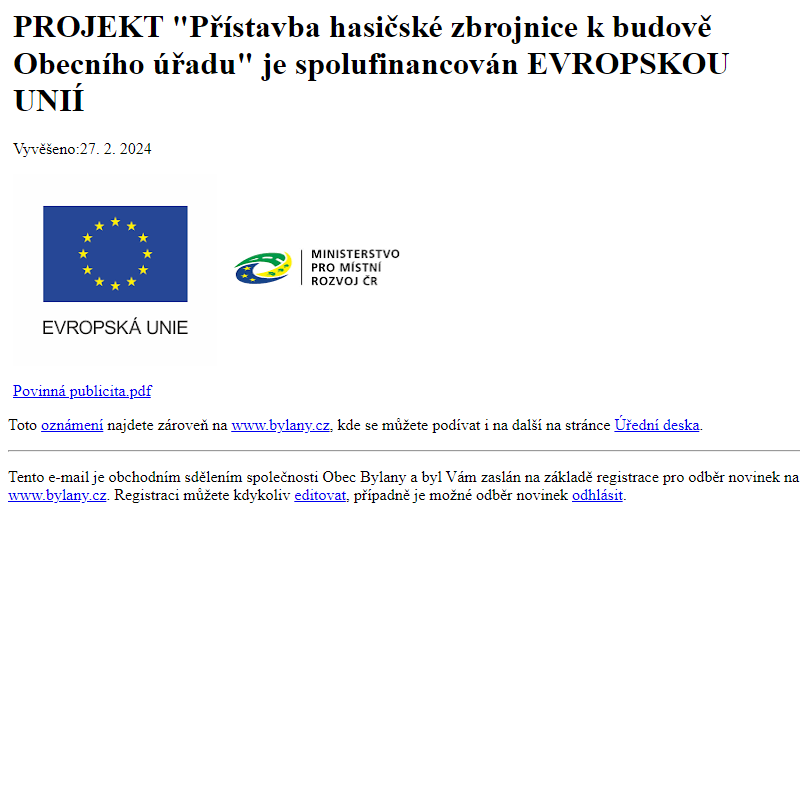 Na úřední desku www.bylany.cz bylo přidáno oznámení PROJEKT 