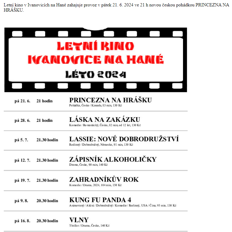 Program letního kina Ivanovice na Hané