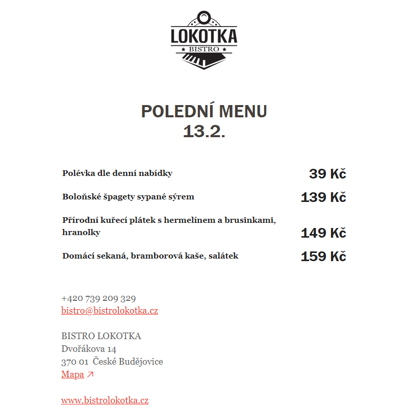 Polední nabídka Bistro Lokotka