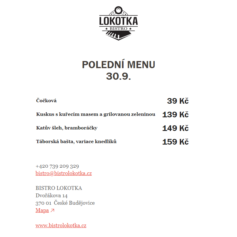 Polední nabídka Bistro Lokotka