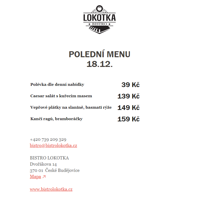 Polední nabídka Bistro Lokotka