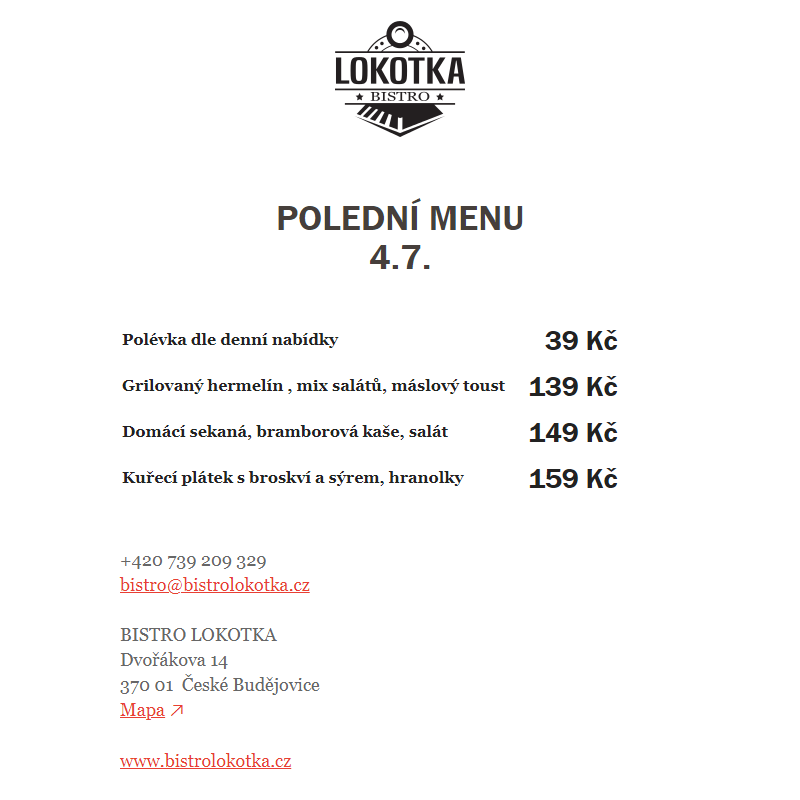 Polední nabídka Bistro Lokotka