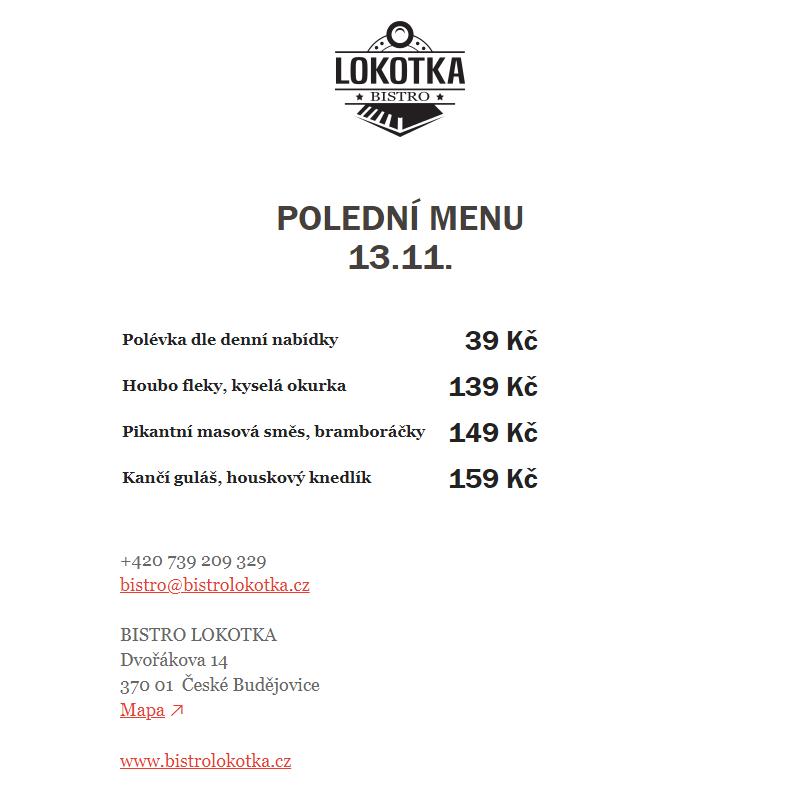 Polední nabídka Bistro Lokotka