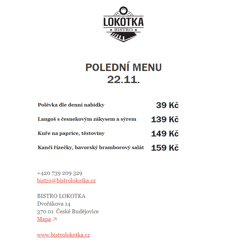 Polední nabídka Bistro Lokotka