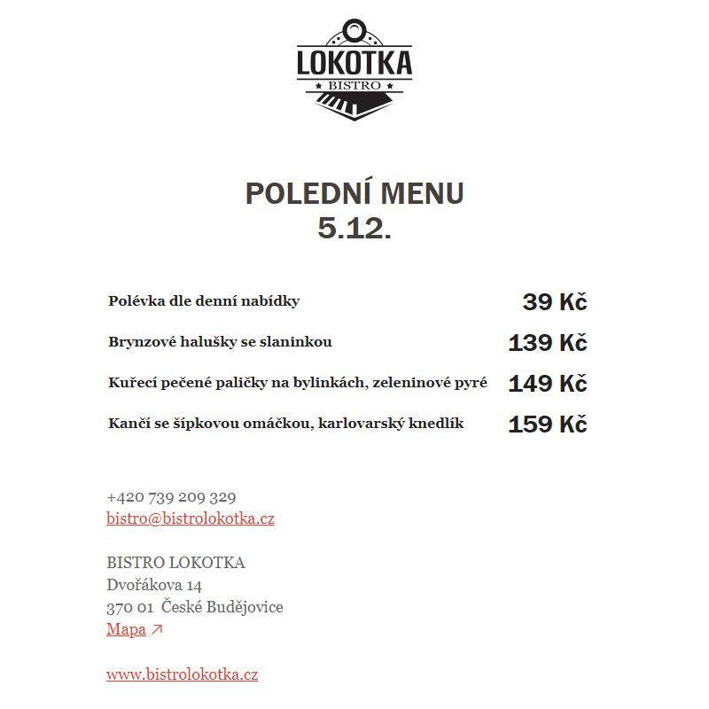 Polední nabídka Bistro Lokotka