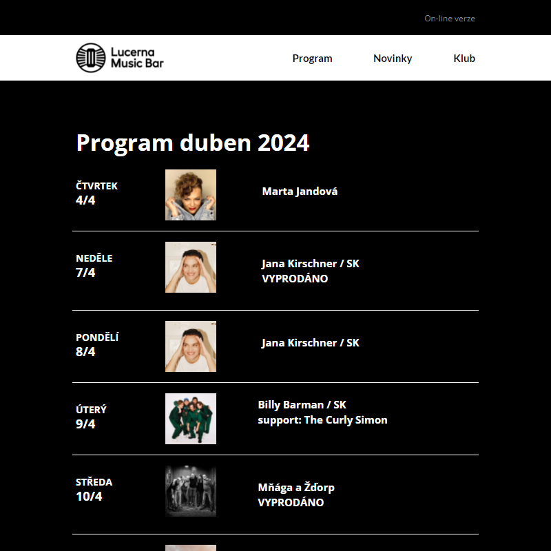 _ Program Lucerna Music Bar DUBEN 2024