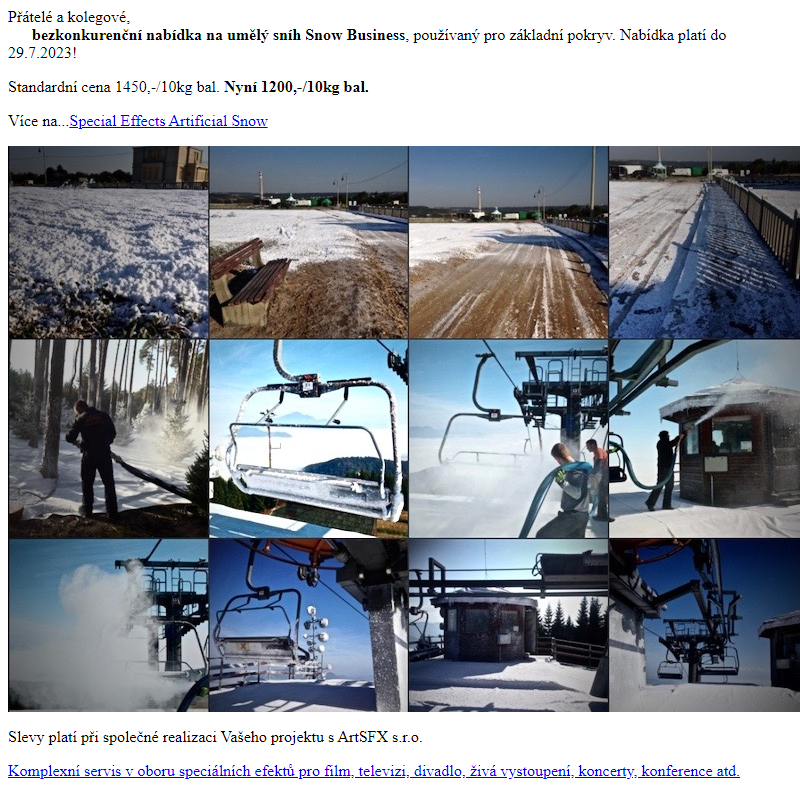Pavel Policar - ArtSFX s.r.o. - Umělý sníh Snow Business, používaný pro základní pokryv. Nabídka platí do 29.7.2023!