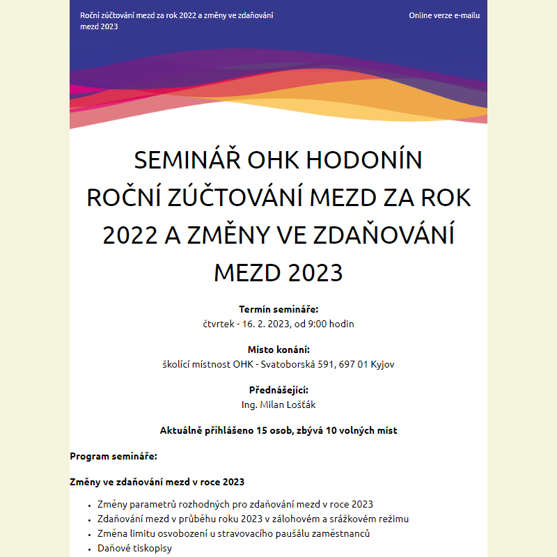 Seminář OHK Hodonín - Roční zúčtování mezd za rok 2022 a změny ve zdaňování pro rok 2023