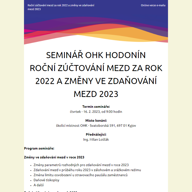 Seminář OHK Hodonín - Roční zúčtování mezd za rok 2022 a změny ve zdaňování pro rok 2023