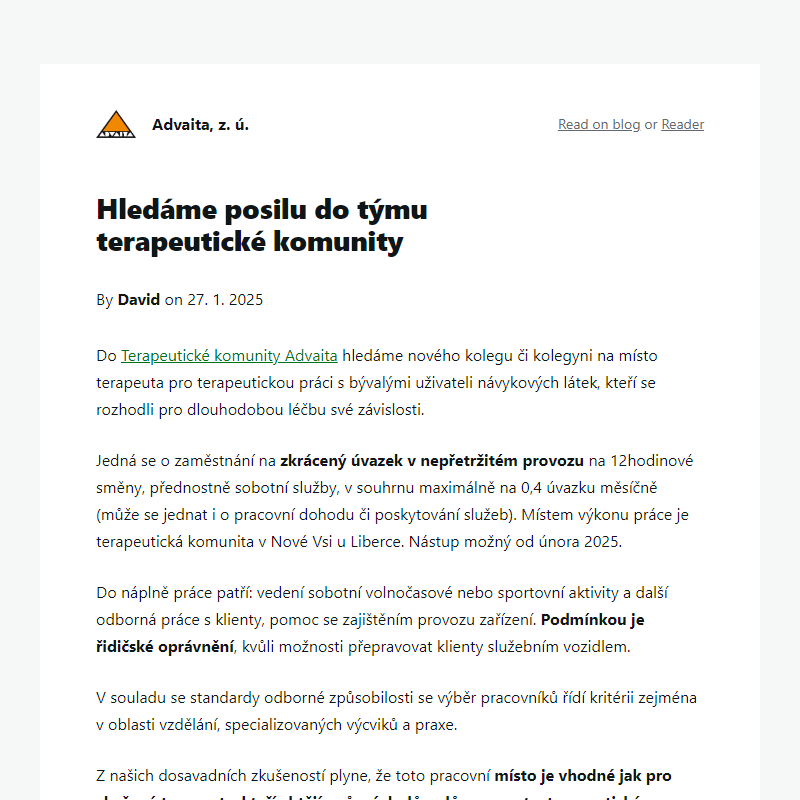 Hledáme posilu do týmu terapeutické komunity