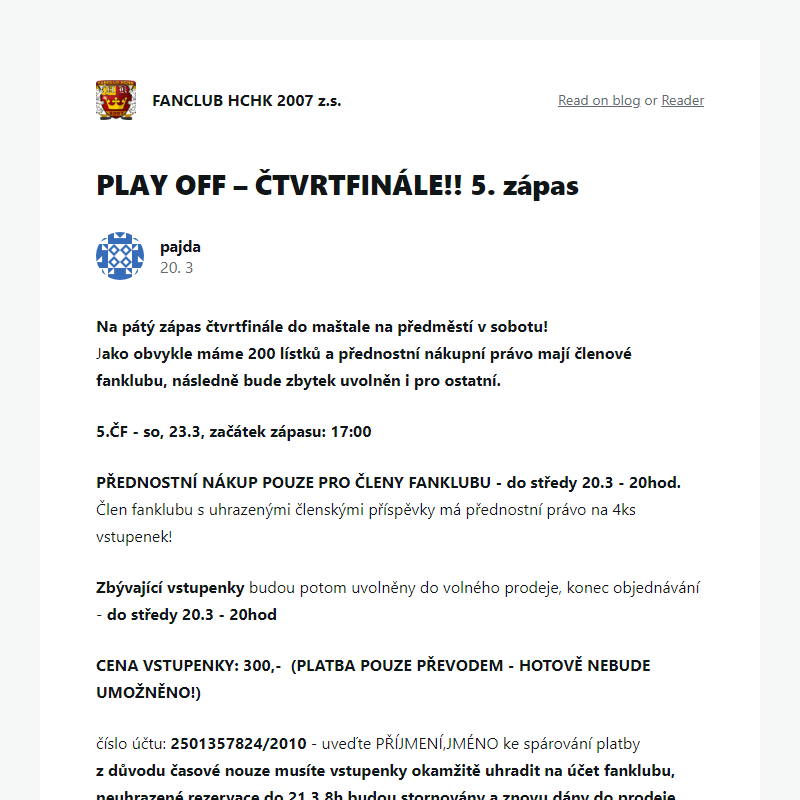 PLAY OFF – ČTVRTFINÁLE!! 5. zápas