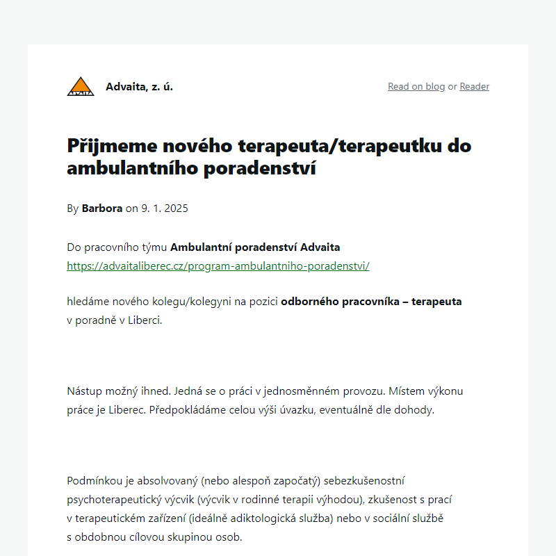 Přijmeme nového terapeuta/terapeutku do ambulantního poradenství