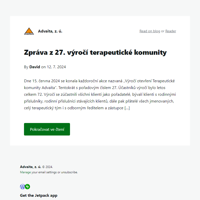 Zpráva z 27. výročí terapeutické komunity