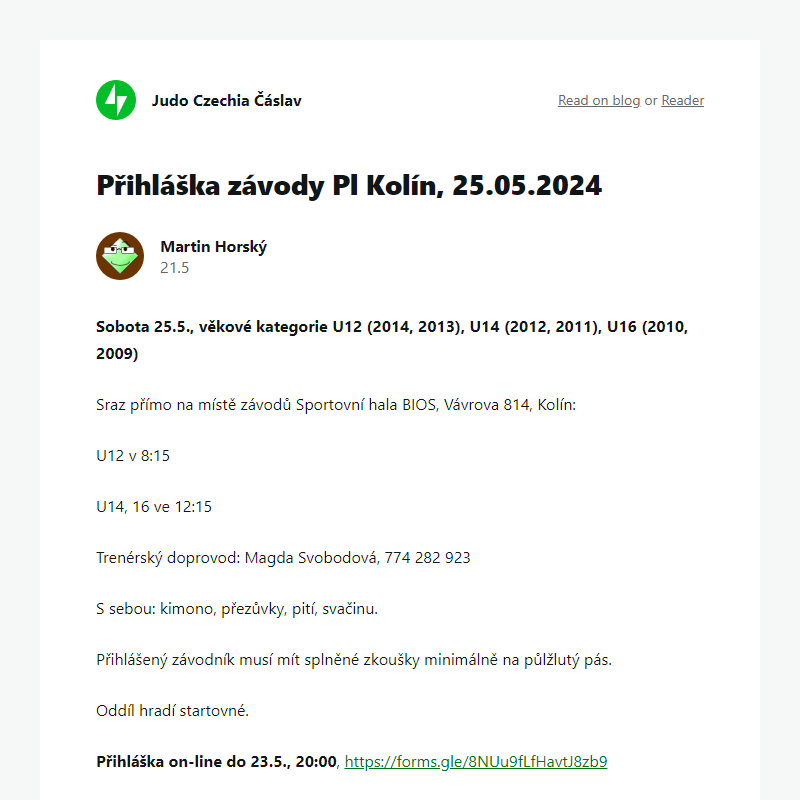Přihláška závody Pl Kolín, 25.05.2024