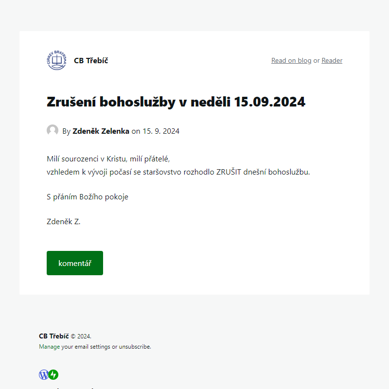 Zrušení bohoslužby v neděli 15.09.2024