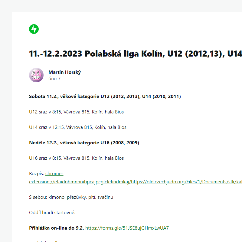 [Nový příspěvek] 11.-12.2.2023 Polabská liga Kolín, U12 (2012,13), U14 (2010,11) a U16 (2008,09)
