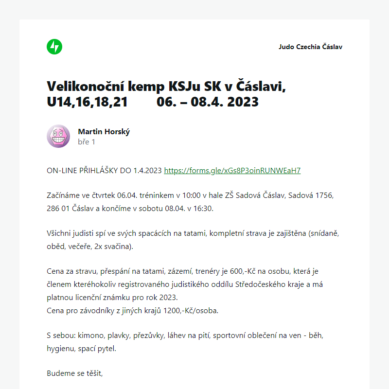 [Nový příspěvek] Velikonoční kemp KSJu SK v Čáslavi, U14,16,18,21        06. – 08.4. 2023