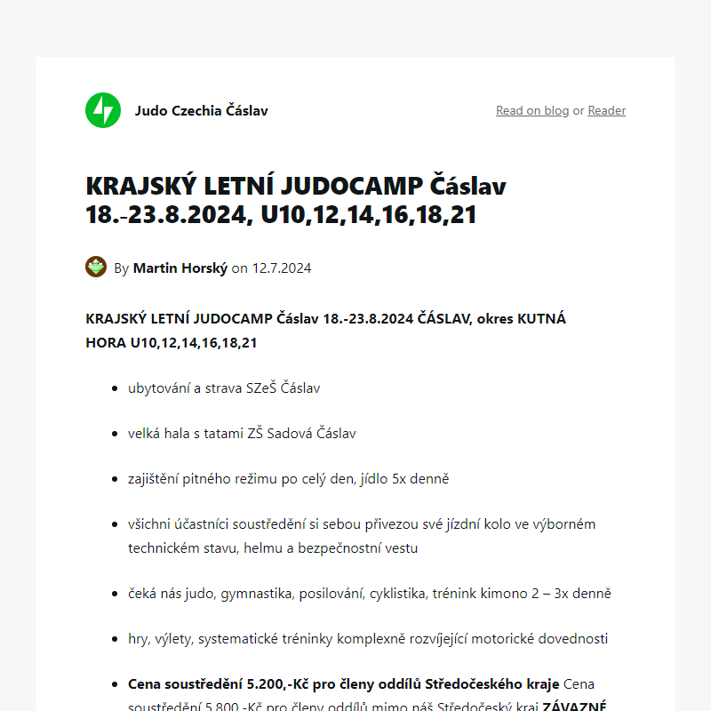 KRAJSKÝ LETNÍ JUDOCAMP Čáslav 18.-23.8.2024, U10,12,14,16,18,21