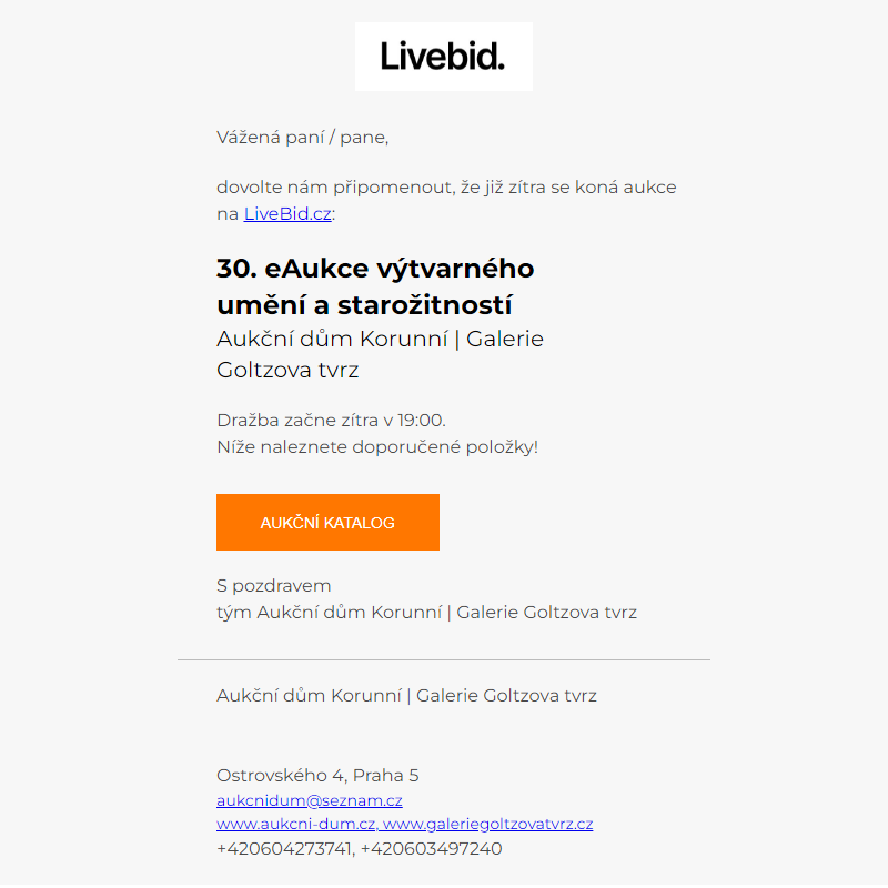 Aukce již zítra | Aukční dům Korunní | Galerie Goltzova tvrz