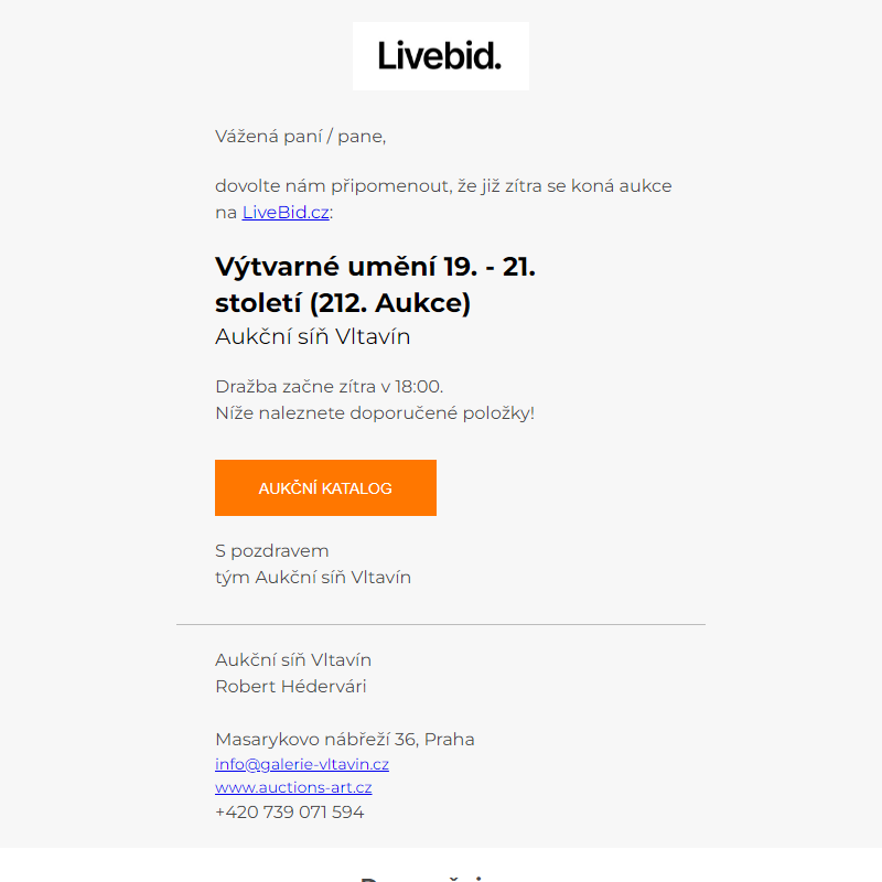 Aukce již zítra | Aukční síň Vltavín