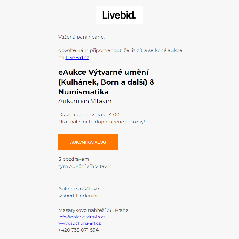 Aukce již zítra | Aukční síň Vltavín