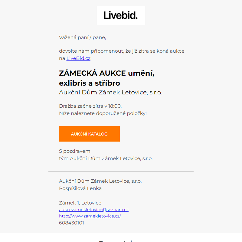 Aukce již zítra | Aukční Dům Zámek Letovice