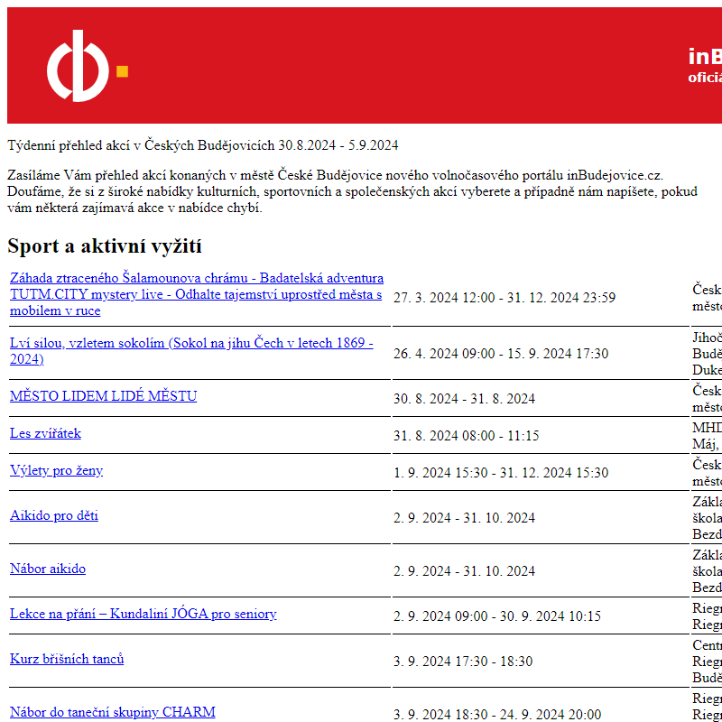 Týdenní přehled akcí v Českých Budějovicích - 30.8.2024 - 5.9.2024