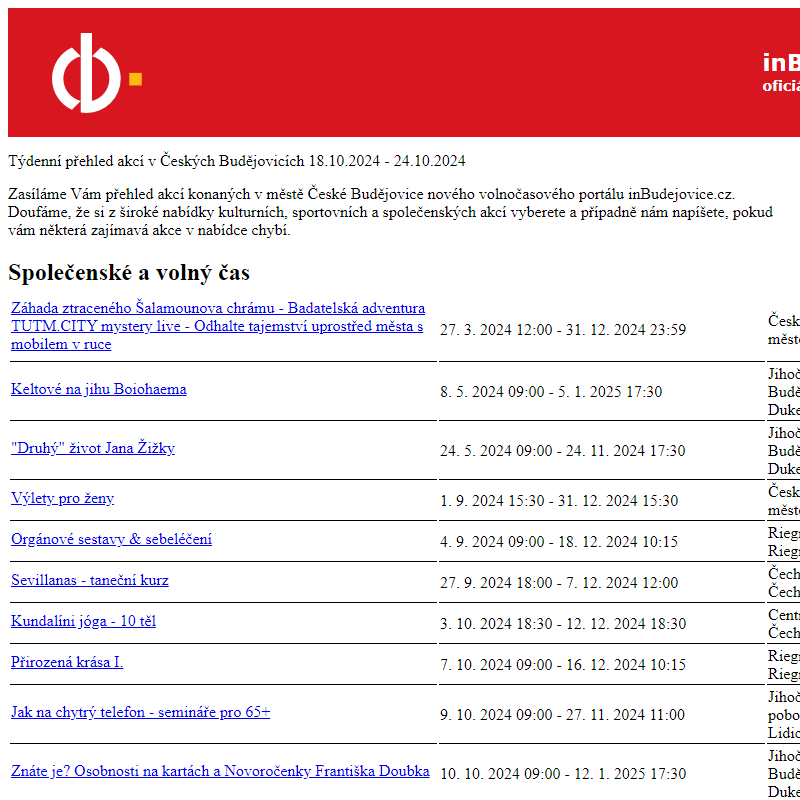 Týdenní přehled akcí v Českých Budějovicích - 18.10.2024 - 24.10.2024