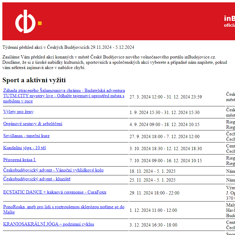 Týdenní přehled akcí v Českých Budějovicích - 29.11.2024 - 5.12.2024