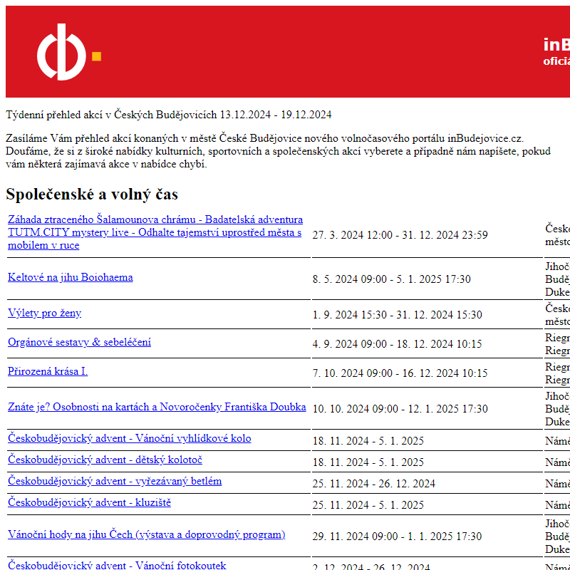 Týdenní přehled akcí v Českých Budějovicích - 13.12.2024 - 19.12.2024